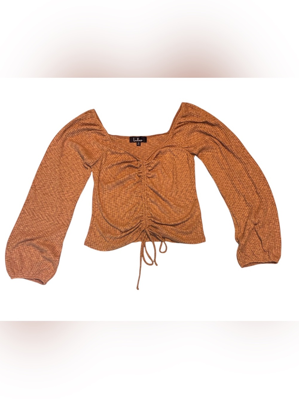 Lulu's Rust Ribbed Ruched Long-Sleeve Square Neck Top - Picture 1 of 6